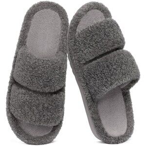 Women's Fuzzy Gray Moderate Arch Support Open Toe Cozy Bedroom Slippers  Shoes